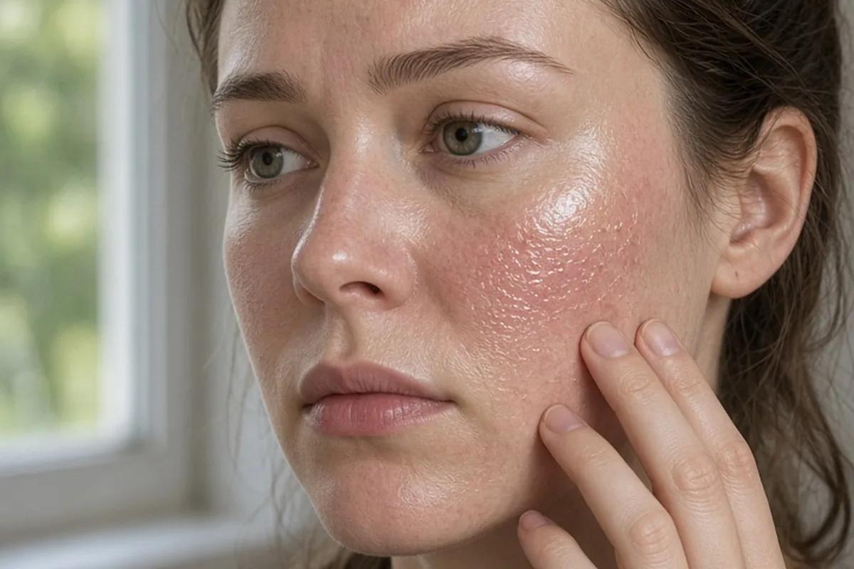 Close-up of a woman's cheek as she touches it with her fingers showing tight, shiny, rough skin texture with redness
