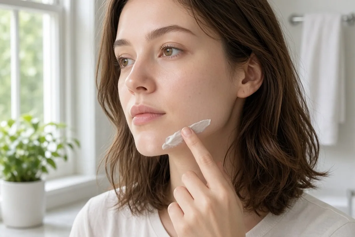 A young woman with brown hair applying white cream to her jawline with her finger during a patch test