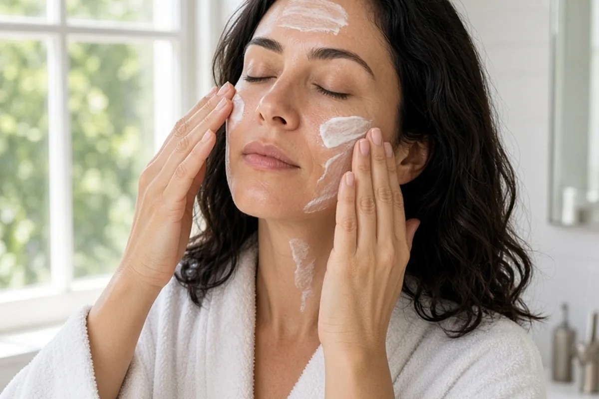 Woman applying broad-spectrum sunscreen to her face and neck in a bathroom