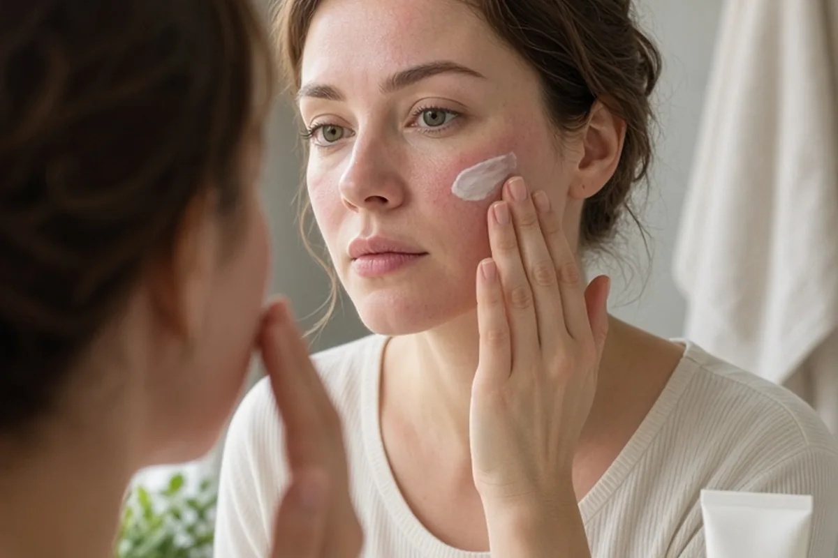 A woman in a bathroom gently applying ceramide cream to her slightly red cheeks while looking in the mirror