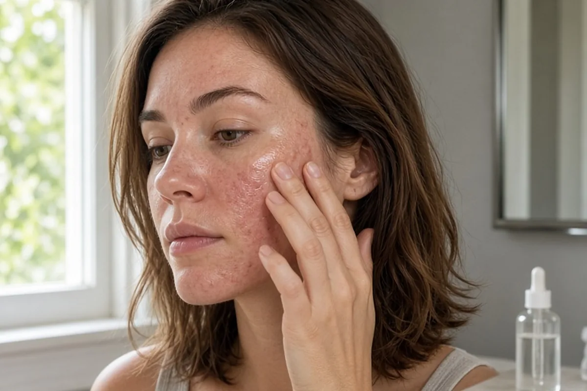A woman gently patting a hydrating serum onto her slightly damp cheek in a modern bathroom