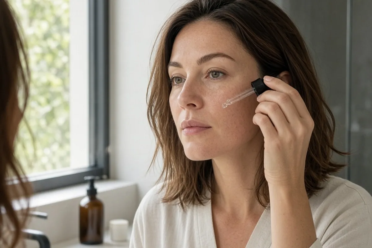 Woman in a bathroom mirror applying vitamin C serum to her cheek with a dropper