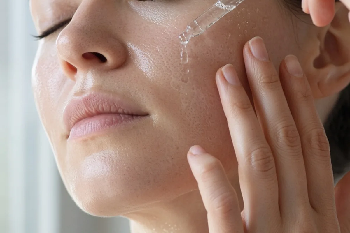 Close-up of a woman applying vitamin C serum to her face and neck in the morning