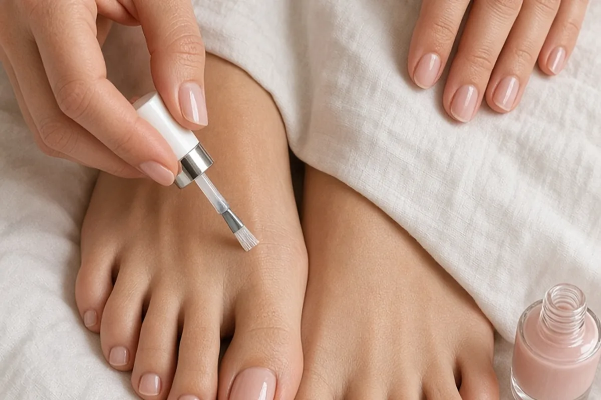 A top-down close-up of a woman's hands applying sheer neutral nail polish to her bare feet's toenails as a quick pedicure fix before a wedding