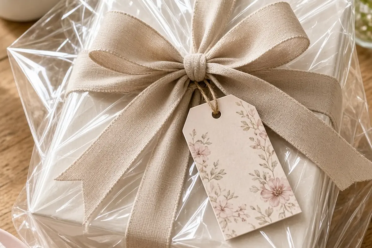 A gift box wrapped in clear cellophane and tied with a decorative ribbon resting on a wooden table with an attached tag.