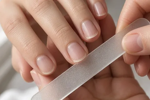 Close-up of a woman's hands filing fingernails with a fine-grit glass file in a bathroom vanity
