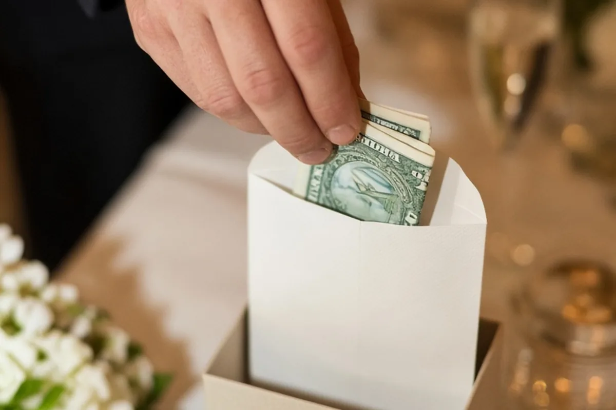 Close-up of a hand inserting cash into a sealed envelope at a wedding reception during cocktail hour