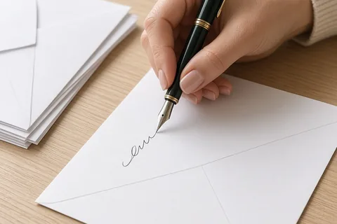 Close-up of an adult hand writing on a wedding invitation envelope on a wooden desk.