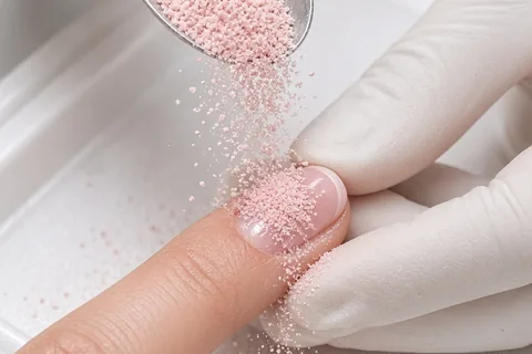 A close-up of a nail technician pouring pink dip powder from a spoon onto a woman's fingernail resting on a disposable tray in a nail salon.