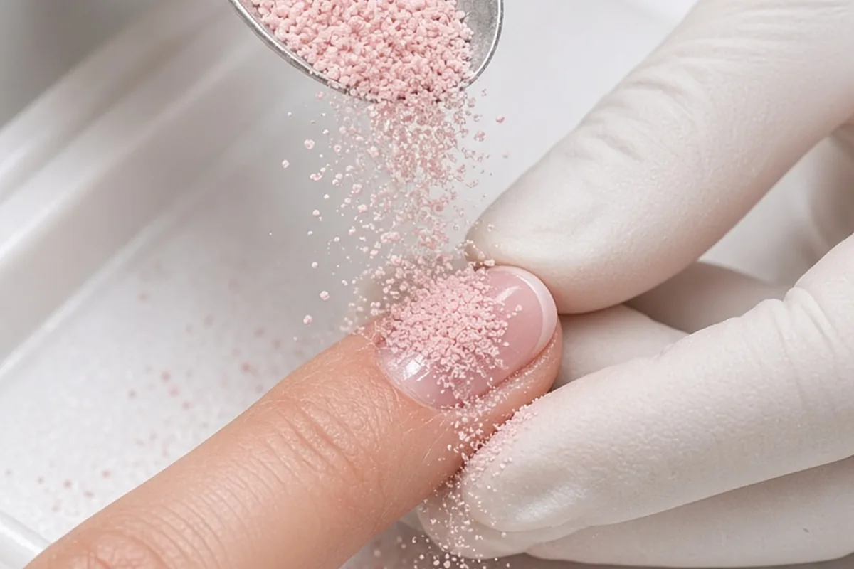 A close-up of a nail technician pouring pink dip powder from a spoon onto a woman's fingernail resting on a disposable tray in a nail salon.