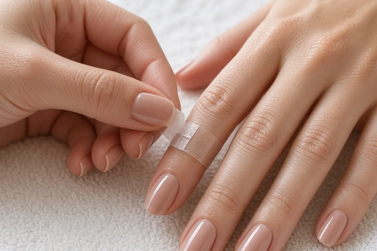 close-up of a woman's hands applying adhesive tabs to reusable press-on nails on a white towel in bright natural light