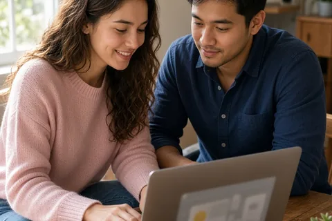 A wedding couple at a desk in a home office with a laptop open to their wedding website, the woman typing the registry message and the man looking at the screen