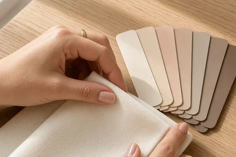Close-up of a hand with manicured nails placing a wedding dress fabric swatch next to nail polish swatches on a wooden table under bright natural light.