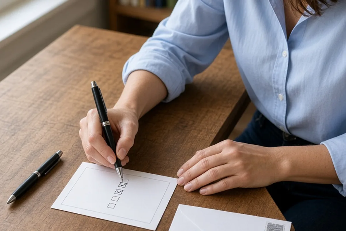 A woman writing on a wedding invitation response card at her desk