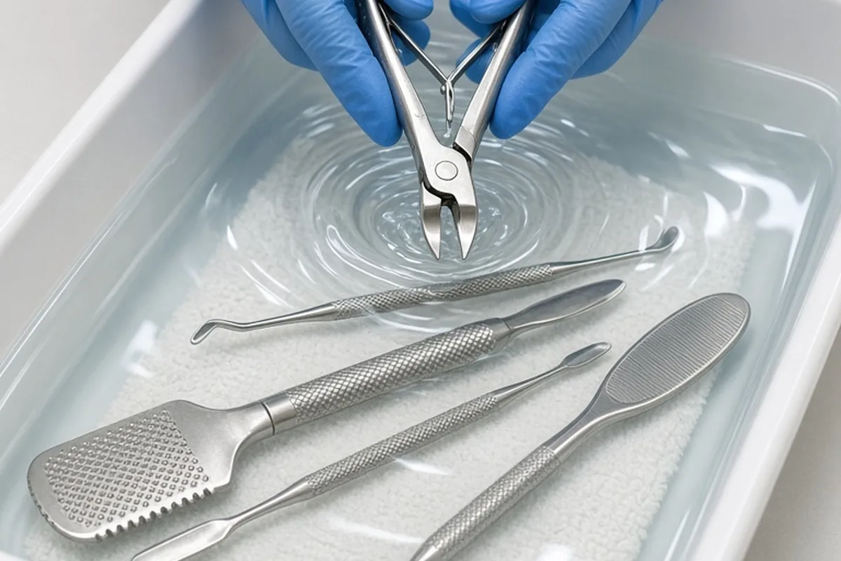 Gloved hands of an adult in nitrile gloves submerging pedicure tools in disinfectant solution in a medical tray.