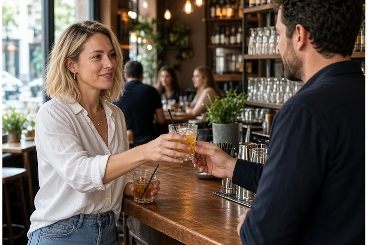 A clearly adult woman with shoulder-length blonde hair wearing a casual white blouse and jeans at a restaurant bar counter handing her drink order to the bartender while holding her current drink.