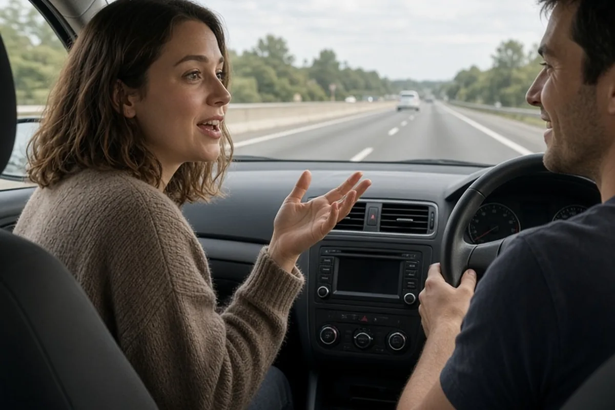 A woman in the passenger seat of a car on the highway gesturing as she asks her partner about his fictional childhood crush while he smiles from the driver's seat
