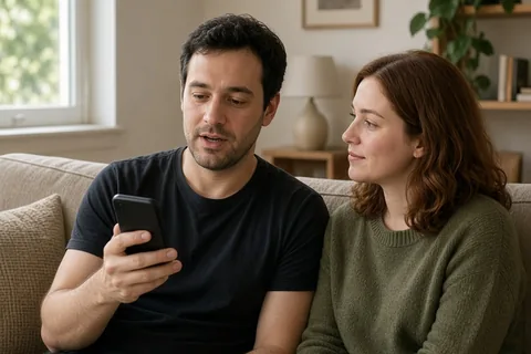 A man and a woman sitting on a couch in a living room; the man is talking on the phone while the woman listens attentively.