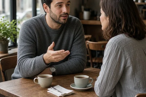 A man with short dark hair in a gray sweater and a woman with shoulder-length brown hair in a light gray blouse sitting at a table in a quiet coffee shop, the man looking at his wristwatch