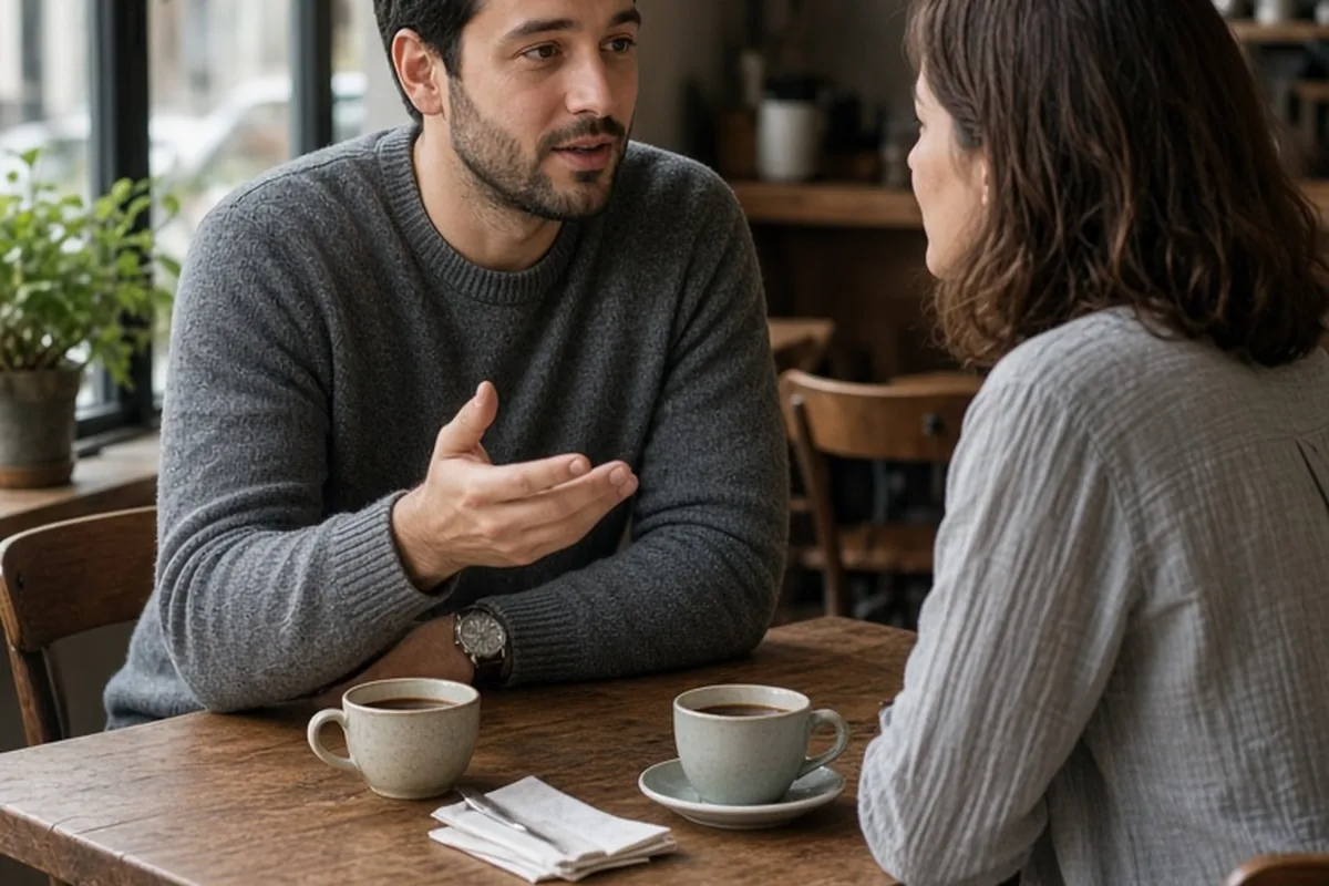 A man with short dark hair in a gray sweater and a woman with shoulder-length brown hair in a light gray blouse sitting at a table in a quiet coffee shop, the man looking at his wristwatch