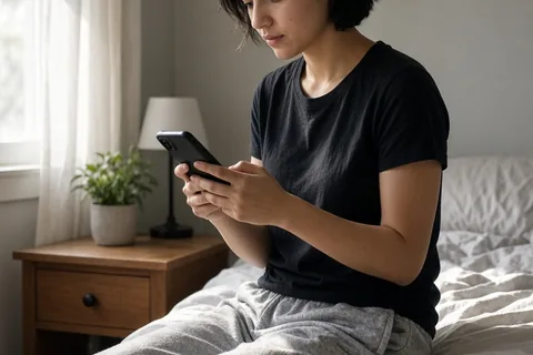 A mid-twenties woman with short dark hair wearing a black t-shirt and gray sweatpants sits on the edge of a bed in a bedroom, holding her smartphone and looking at the screen