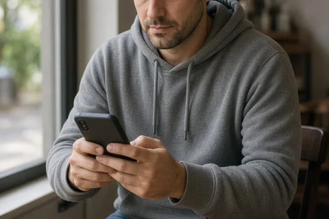 A mid-thirties man with short dark hair typing a message on his smartphone at a wooden cafe table