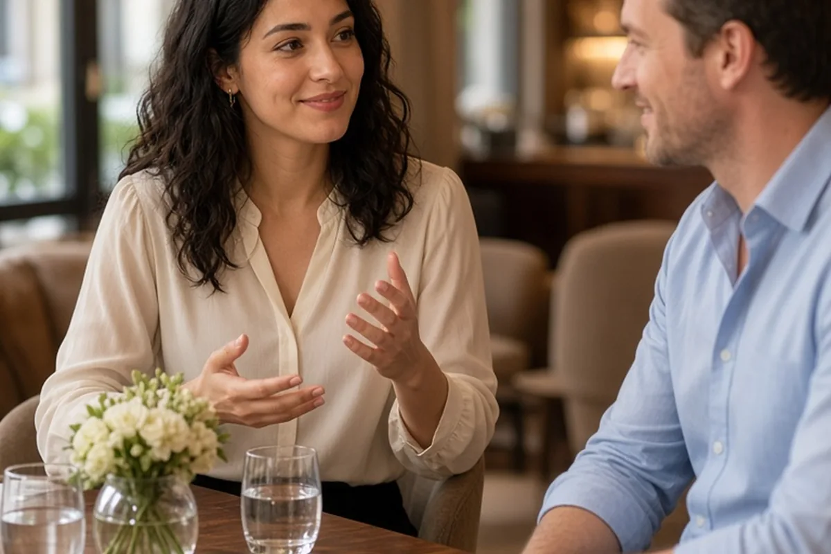 A woman with wavy dark hair in a cream blouse calmly speaking her boundary to head home to a man in a blue shirt at a table in an upscale lounge, both maintaining eye contact with her smiling warmly.
