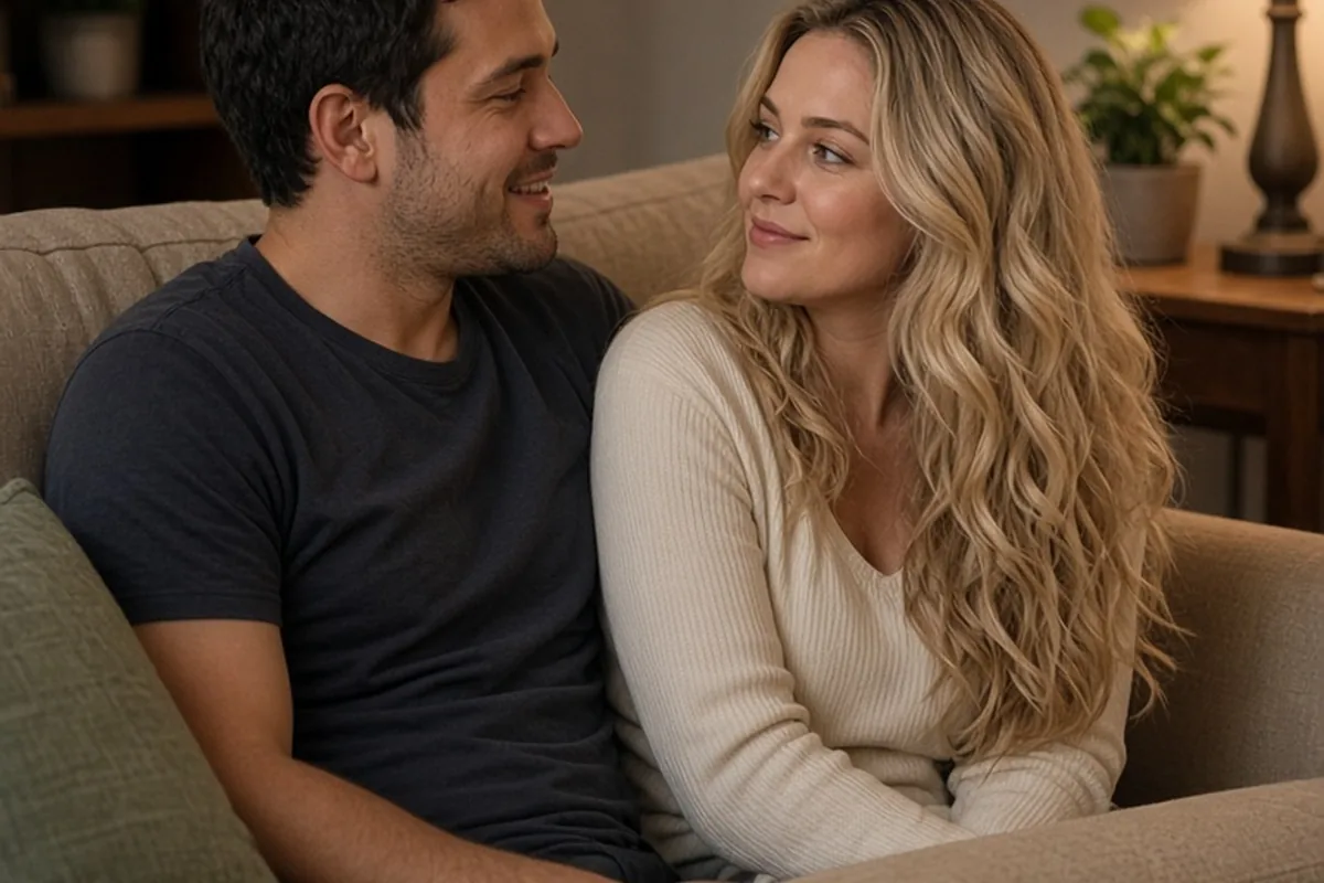 A man and a woman sitting on a couch in an apartment, the woman pausing a kiss as the man smiles and speaks to her