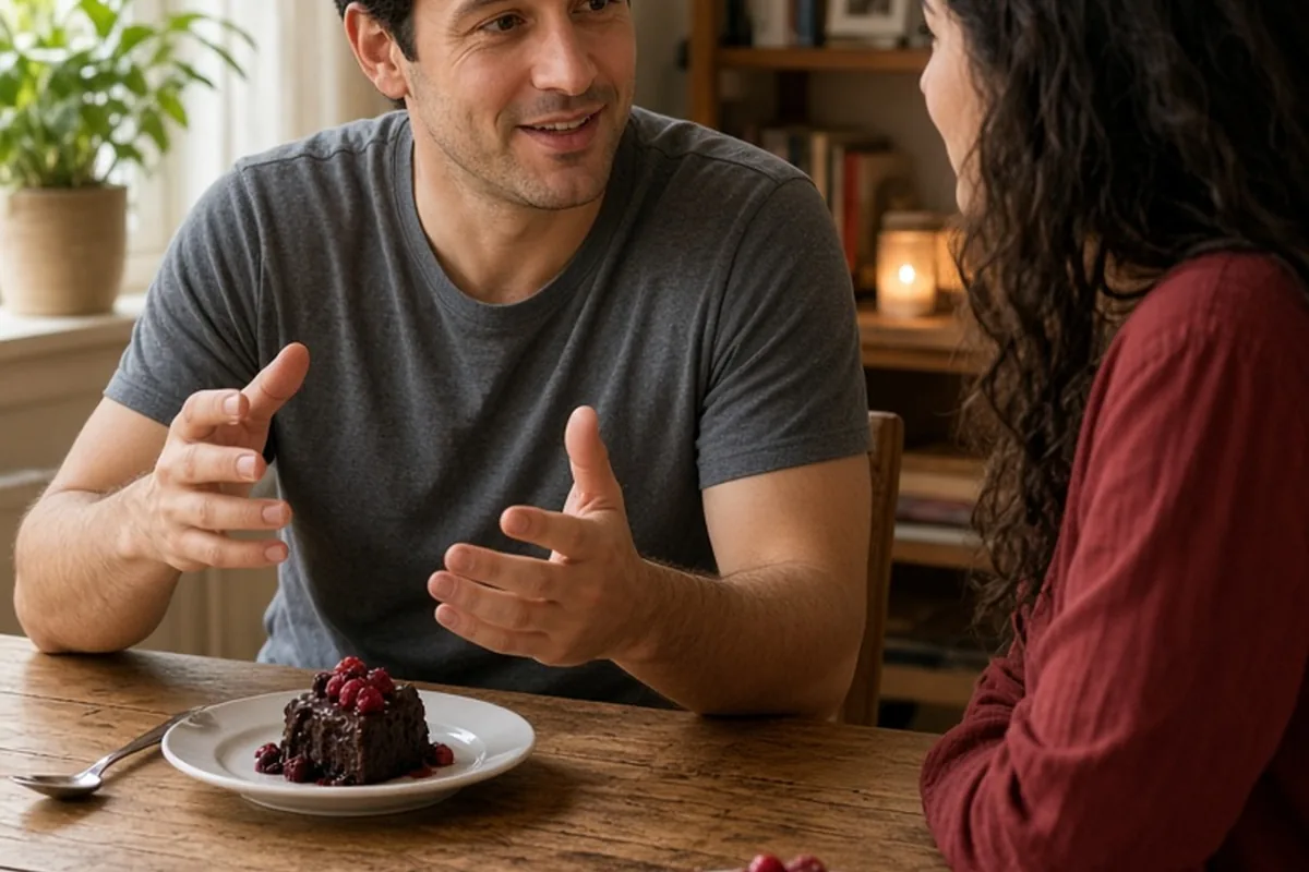 A man and woman at a dining table with dessert, the man speaking to his date