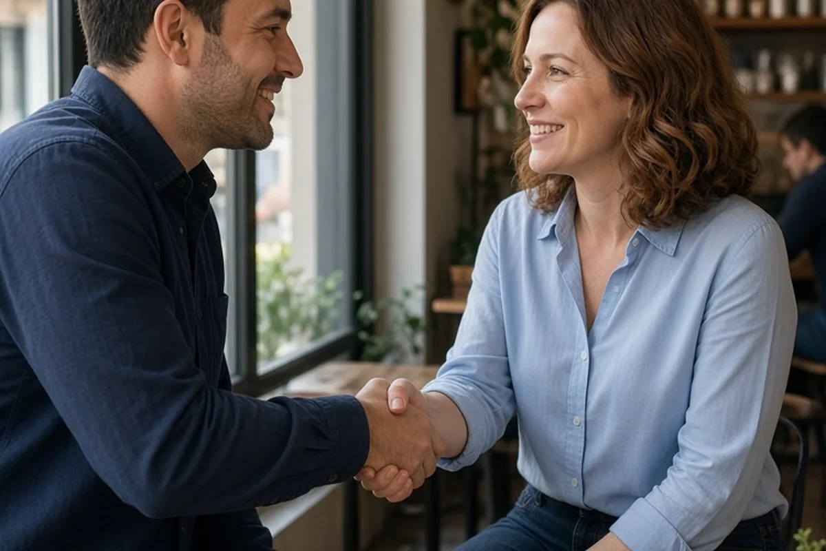 Man offering a warm handshake to a woman at a coffee shop table while smiling and saying goodbye