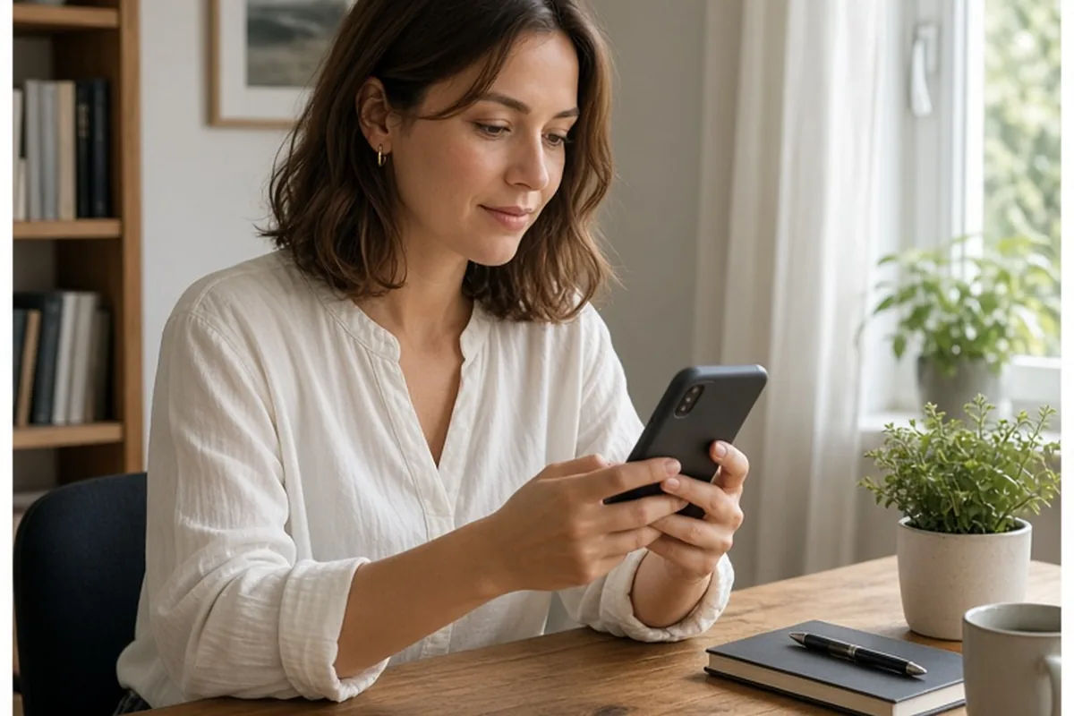 A mid-twenties woman with shoulder-length brown hair sits at a wooden desk holding a smartphone and typing in a sunlit apartment office