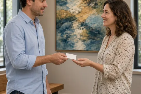 A man offering a business card to a woman in an art gallery.