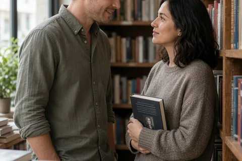 A man in a bookstore speaking to a woman who is holding a book and looking up at him with a smile