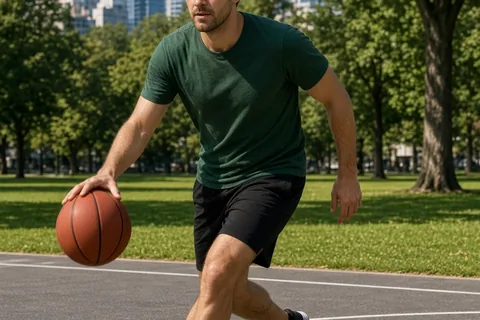 A man in athletic wear actively playing basketball on a sunny outdoor court in a park