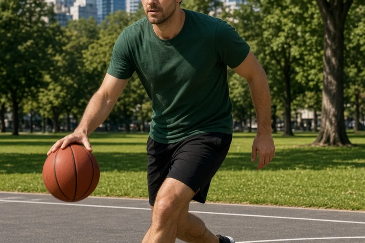 A man in athletic wear actively playing basketball on a sunny outdoor court in a park