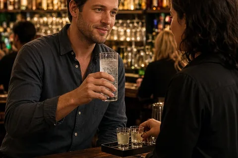 Mid-thirties man with short brown hair holding a glass of sparkling water at a cocktail bar counter while calmly speaking to a woman in a black blouse