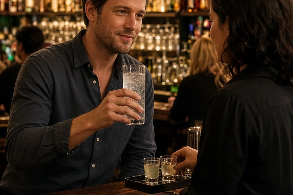 Mid-thirties man with short brown hair holding a glass of sparkling water at a cocktail bar counter while calmly speaking to a woman in a black blouse