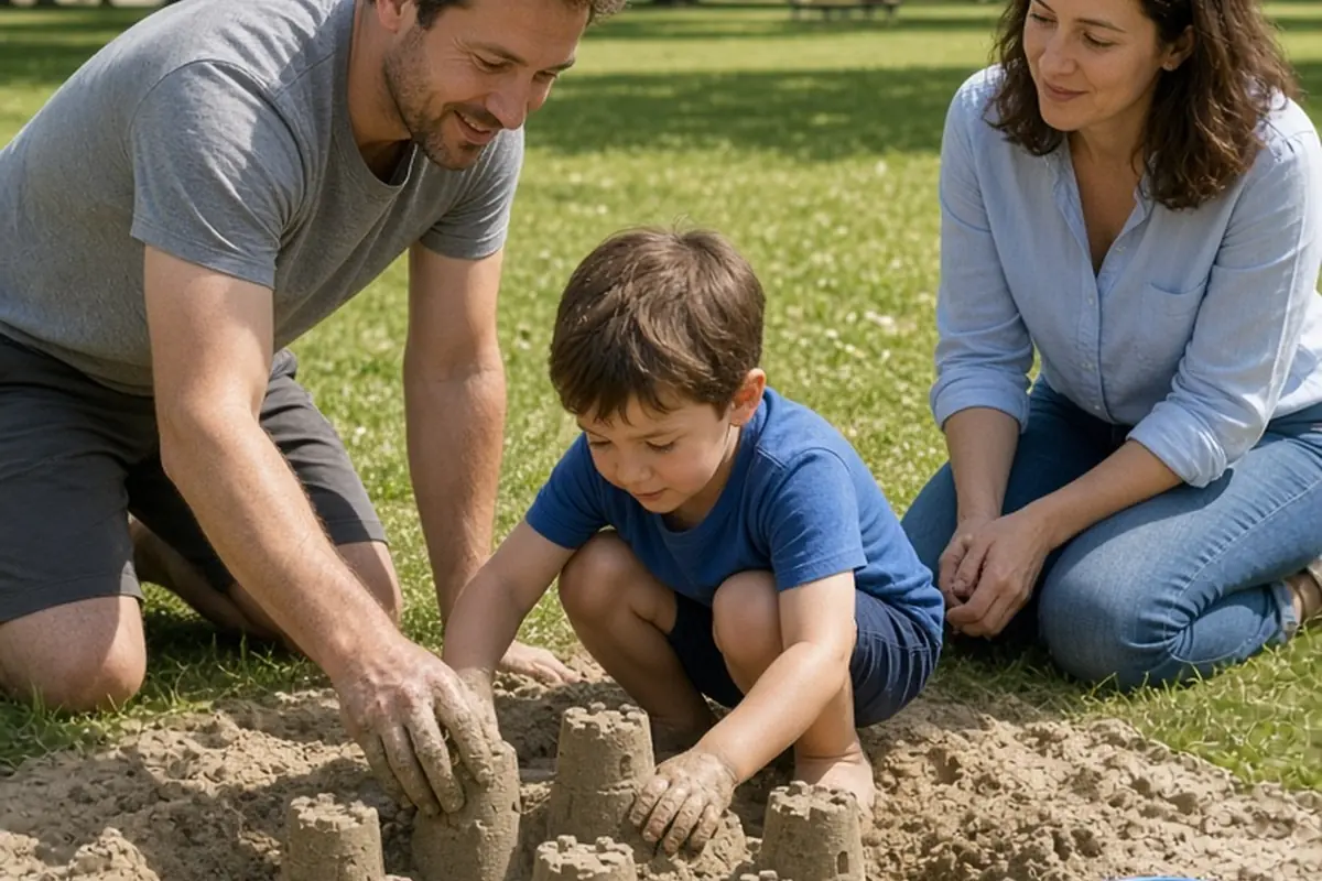 A five-year-old boy and an adult man building a sandcastle in a park sandpit with a woman watching nearby