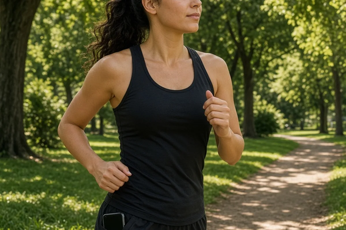 A woman running in a park, phone in pocket, focused and at peace with her surroundings.