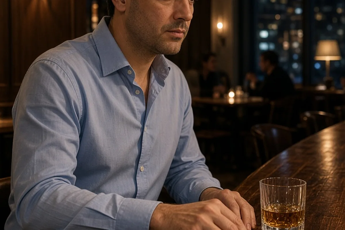 A man in a light blue shirt places cash on a wooden bar counter in a dimly lit lounge, looking calm as he prepares to leave