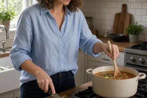 A clearly adult woman in her mid-thirties with shoulder-length wavy brown hair wearing a casual light blue blouse and dark jeans chops vegetables and stirs a pot of soup in a home kitchen.