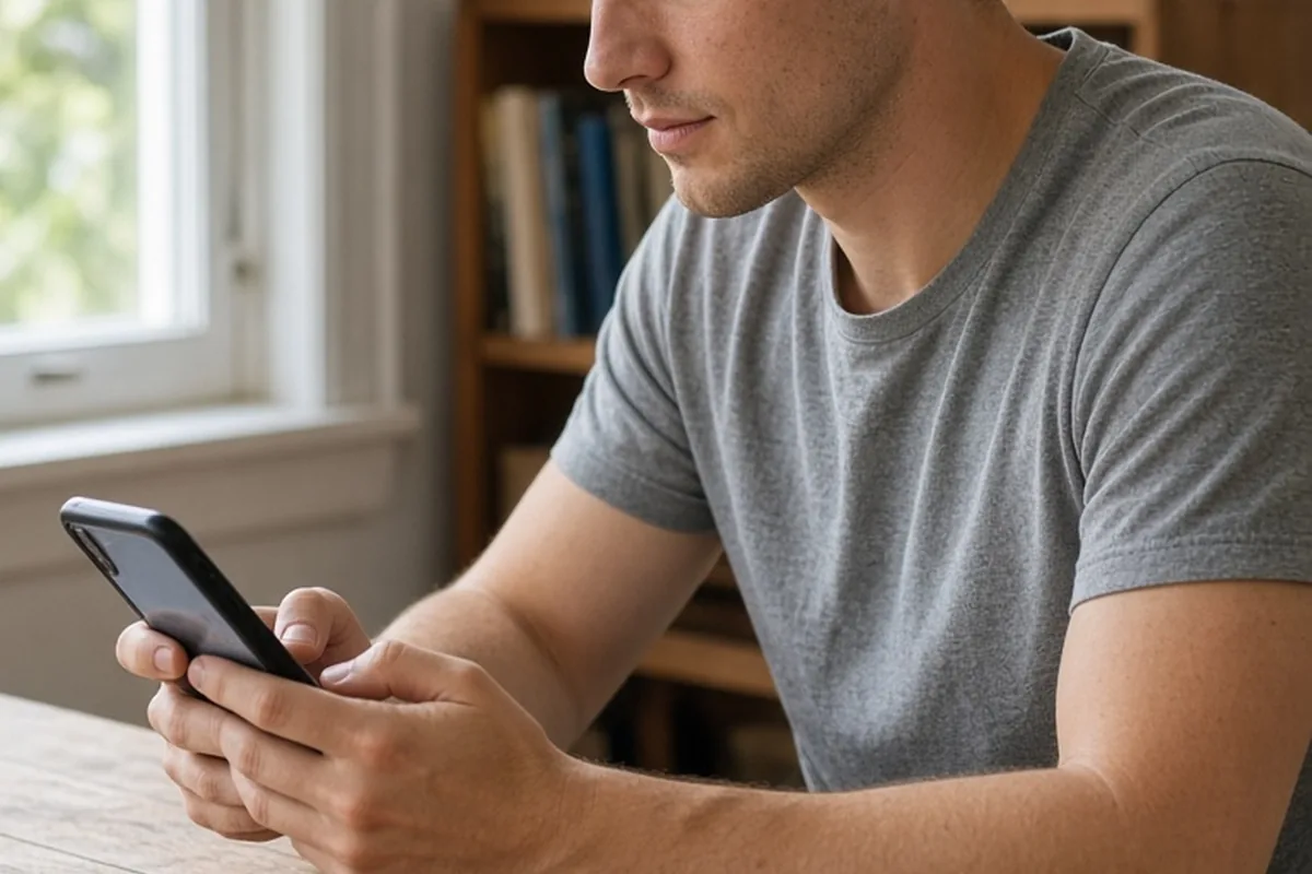A man in his mid-twenties with short brown hair wearing a gray t-shirt typing a message on his smartphone at a wooden desk in a home office