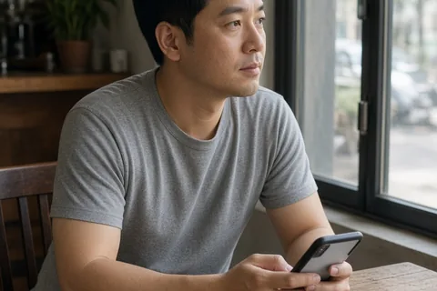 A man in his thirties sitting at a cafe table holding a phone and looking out the window calmly