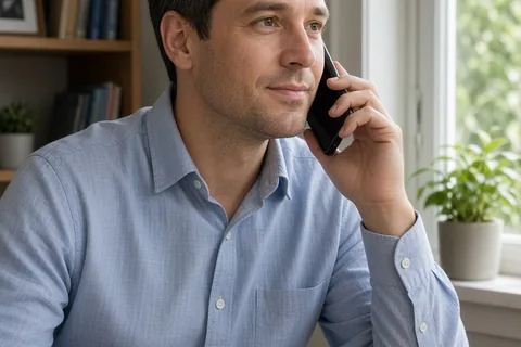 A man in his thirties with short brown hair wearing a casual shirt sitting at a desk in a home office, holding a smartphone and speaking on a phone call with a calm expression.