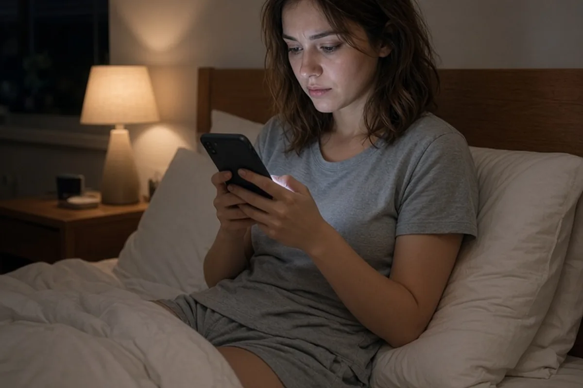 A clearly adult woman with shoulder-length brown hair in casual pajamas sits up in bed at night, holding her smartphone and gazing at its glowing screen with a thoughtful expression.