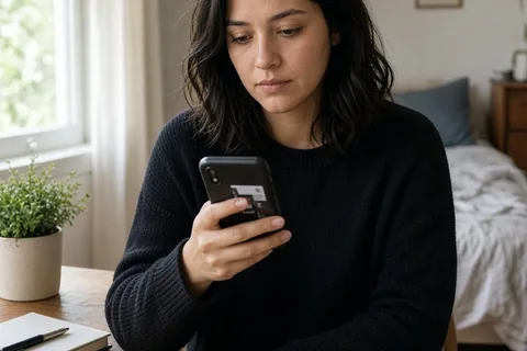 A woman in her mid-twenties with dark hair sitting at a desk in a bedroom, holding a smartphone and pressing the mute button on the screen