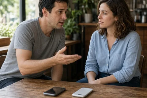 A man and woman at a cafe table talking about setting boundaries in a situationship, with phones on the table