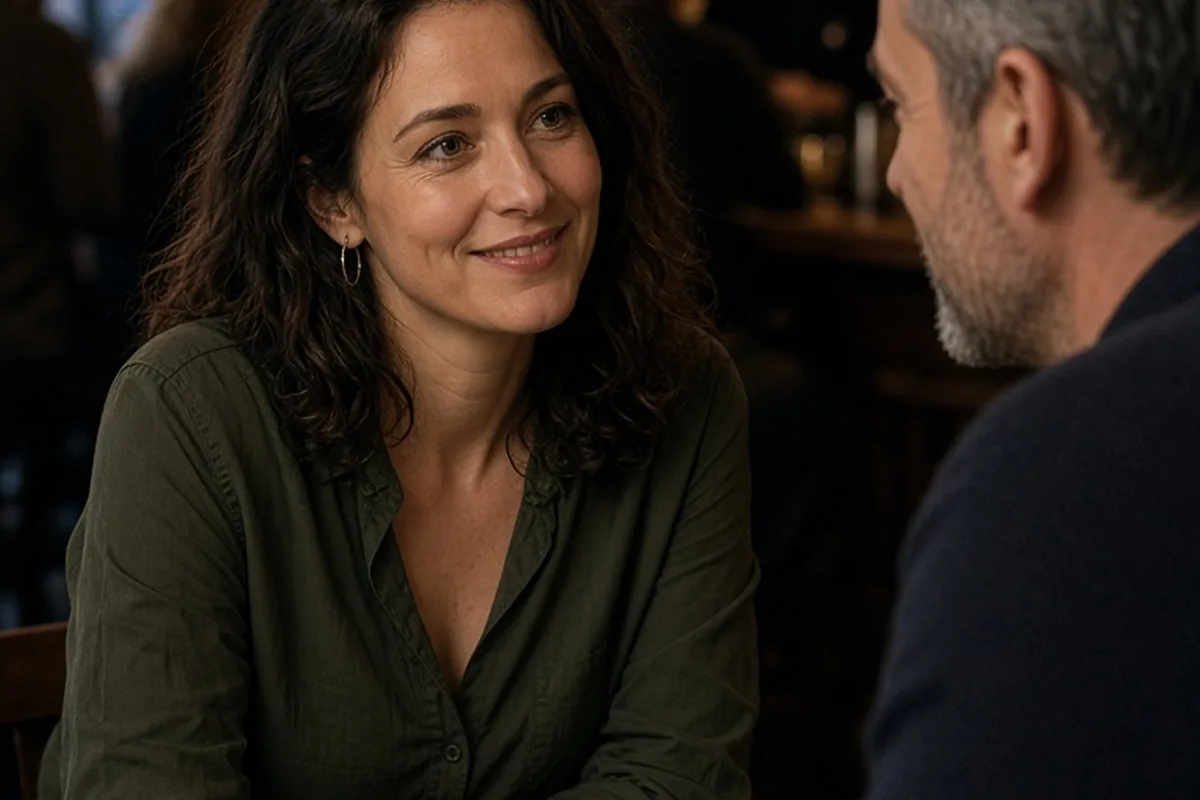 A woman in a bar leans forward toward her companion with uncrossed arms and tilted head, maintaining eye contact in an attentive conversation.