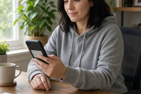 A clearly adult woman in casual clothes sitting at a wooden desk holding a smartphone and typing a message in a modern home office