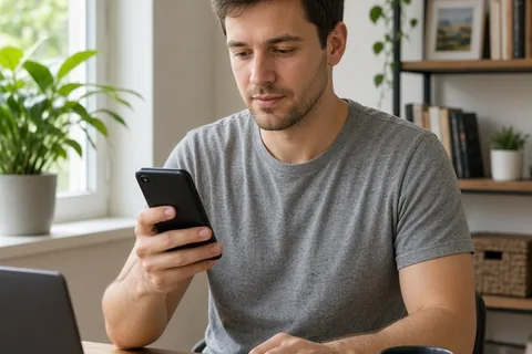 A man in his mid-twenties typing on a smartphone at a desk in a modern home office